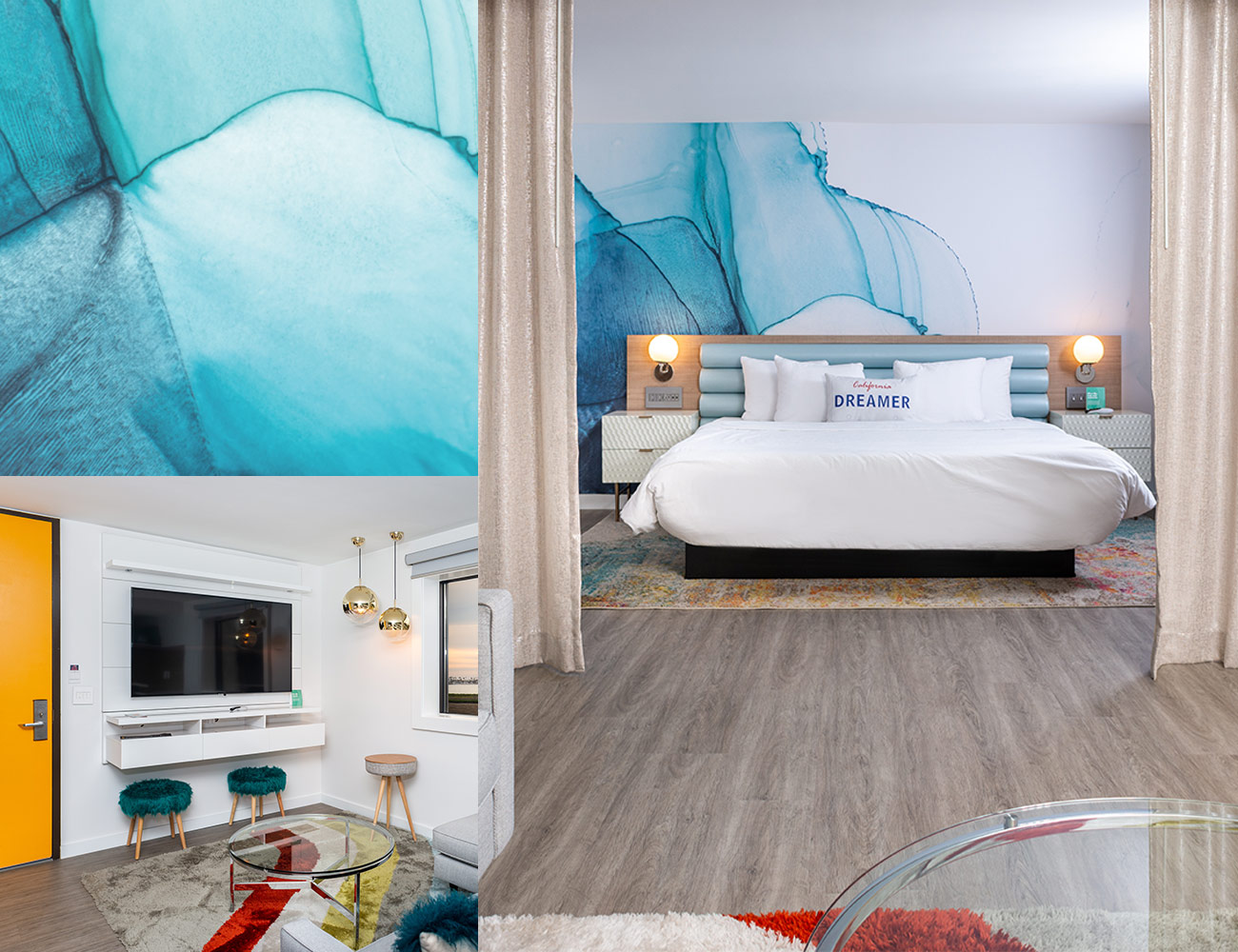 Rambler suites interior views of bed and wallpaper backsplash