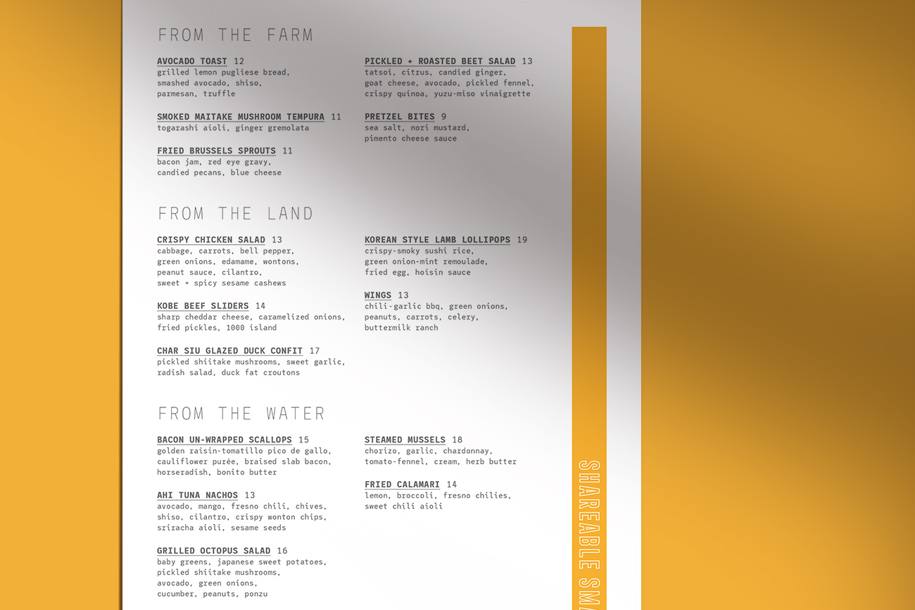 JRDN restaurant menu sections - From the Farm, Land and Water