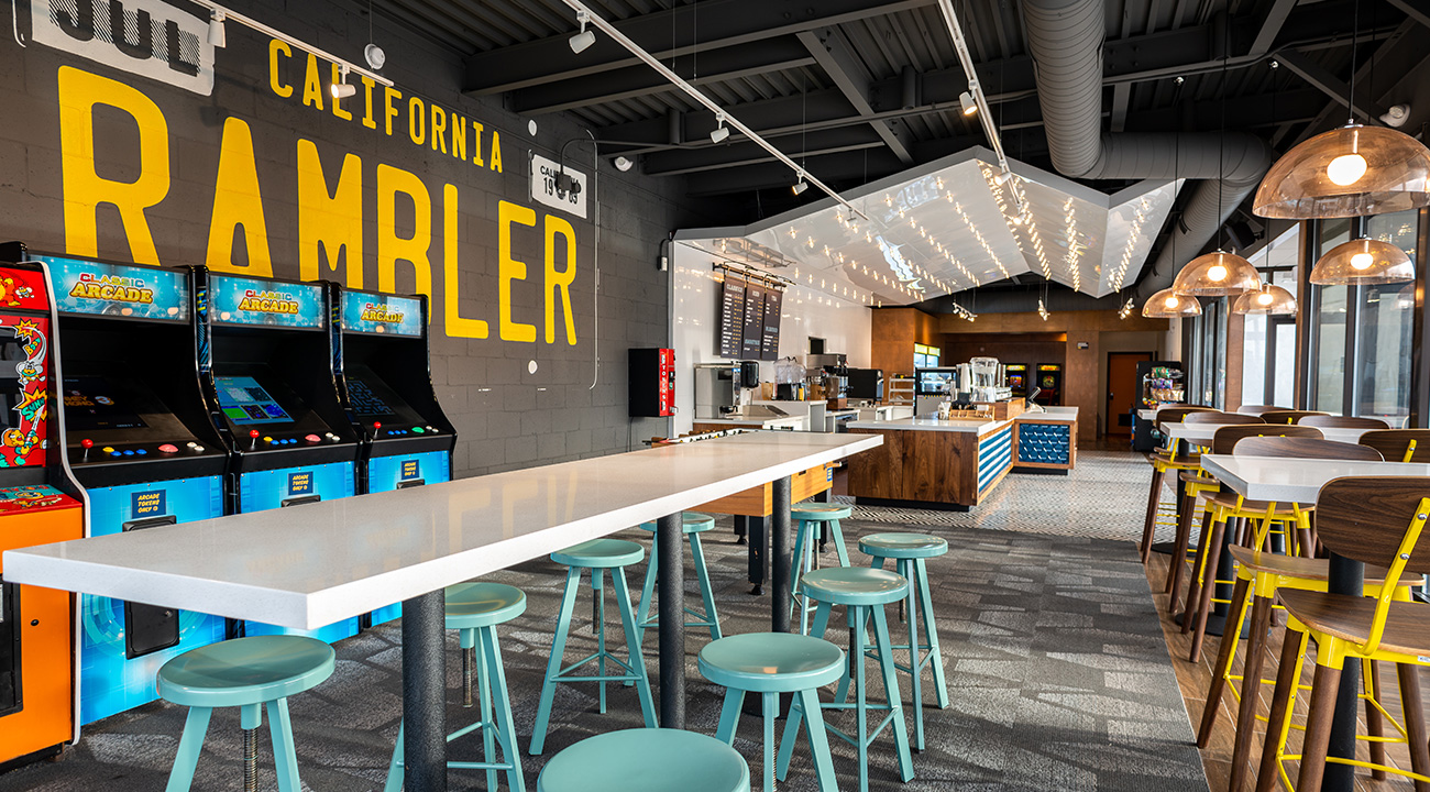 High top tables and coffee counter at Rambler Coffee