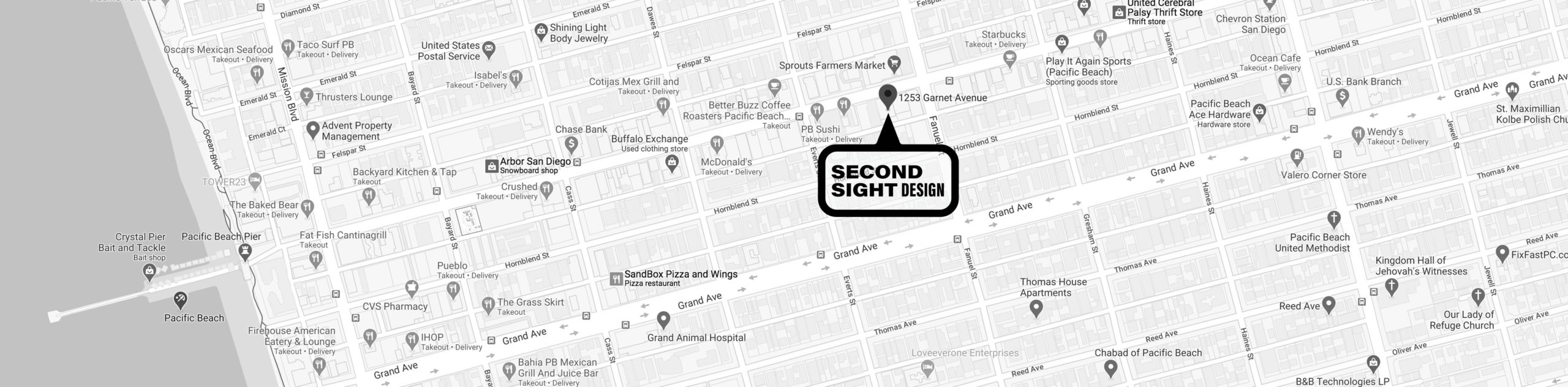 Black and white map of San Diego with a pin dropped on the location of Second Sight Design as well as surrounding businesses